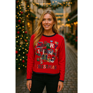 Vintage Merry Christmas Knit Sweater Heirloom Holiday Parisian Festive Red Party